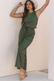 Buttoned Drawstring Waist Sleeveless Wide Leg Jumpsuit