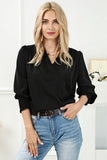 Solid Surplice Neck Shirred Cuffs Draped Blouse