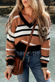 Stripe Contrast Stripes V Neck Textured Knit Sweater