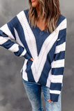 Striped Colorblock V Neck Knitted Sweater