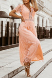 V Neck High Waist Lace Full Length Maxi Dress