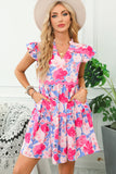 Floral Printed Ric Rac Flutter Sleeve MIni Dress