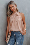 Blush Pink Sleeveless Tie Mock Neck Leopard Tank Top