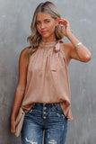 Blush Pink Sleeveless Tie Mock Neck Leopard Tank Top