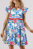 Floral Printed Ric Rac Flutter Sleeve MIni Dress