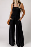 Shirred Smocked Sleeveless Wide Leg Jumpsuit with Pockets