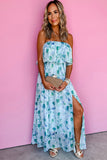 Floral Print Ruffled Side Slit Tube Top Maxi Dress