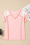 Lace Patchwork Exposed Seam V Neck T Shirt