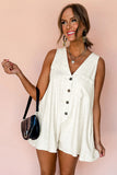 Sleeveless V Neck Buttoned Front Chest Pocket Romper