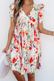 Floral Ruffle Sleeve V Neck High Waist Mini Dress