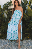 Floral Print Ruffled Side Slit Tube Top Maxi Dress