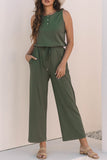 Buttoned Drawstring Waist Sleeveless Wide Leg Jumpsuit