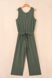 Buttoned Drawstring Waist Sleeveless Wide Leg Jumpsuit