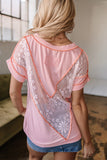 Lace Patchwork Exposed Seam V Neck T Shirt