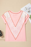 Lace Patchwork Exposed Seam V Neck T Shirt