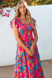 Boho Floral V Neck Ruffle Tiered Long Dress