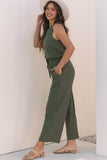 Buttoned Drawstring Waist Sleeveless Wide Leg Jumpsuit