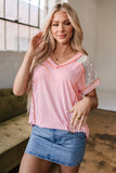 Lace Patchwork Exposed Seam V Neck T Shirt