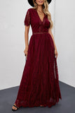 V Neck High Waist Lace Full Length Maxi Dress