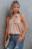 Blush Pink Sleeveless Tie Mock Neck Leopard Tank Top