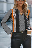 Geo Print Colorblock Notched V Neck Blouse