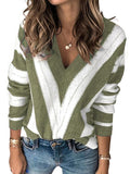 Striped Colorblock V Neck Knitted Sweater