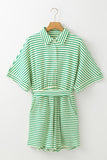 Stripe Textured Short Sleeve Collared Buttoned Waist Tie Romper