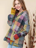 Multicolor Brushed Plaid Buttoned Pullover Oversized Hoodie