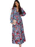 V-neck Bubble Long Sleeve Ruffle Tiered Maxi Dress