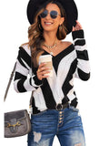 Striped Colorblock V Neck Knitted Sweater