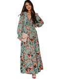 V-neck Bubble Long Sleeve Ruffle Tiered Maxi Dress