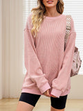 Solid Ribbed Knit Round Neck Pullover Sweatshirt