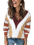 Striped Colorblock V Neck Knitted Sweater