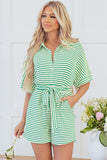 Stripe Textured Short Sleeve Collared Buttoned Waist Tie Romper