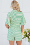 Stripe Textured Short Sleeve Collared Buttoned Waist Tie Romper