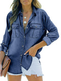 Flip collar long sleeve buttons denim shirt