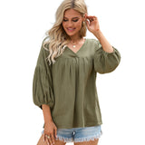 Textured V Neck Bracelet Sleeve Babydoll Blouse