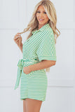 Stripe Textured Short Sleeve Collared Buttoned Waist Tie Romper