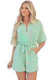 Stripe Textured Short Sleeve Collared Buttoned Waist Tie Romper