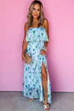 Floral Print Ruffled Side Slit Tube Top Maxi Dress