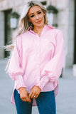 Smocked Cuffed Striped Boyfriend Shirt with Pocket