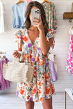 Floral Ruffle Sleeve V Neck High Waist Mini Dress