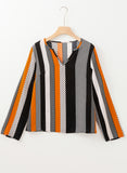 Geo Print Colorblock Notched V Neck Blouse