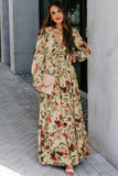 V-neck Bubble Long Sleeve Ruffle Tiered Maxi Dress