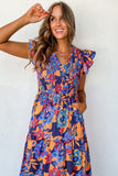 Boho Floral V Neck Ruffle Tiered Long Dress