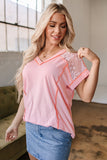 Lace Patchwork Exposed Seam V Neck T Shirt