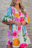 Floral Print Split Neck Babydoll Dress