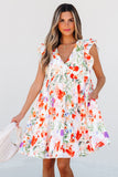 Floral Ruffle Sleeve V Neck High Waist Mini Dress