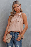 Blush Pink Sleeveless Tie Mock Neck Leopard Tank Top