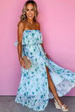 Floral Print Ruffled Side Slit Tube Top Maxi Dress